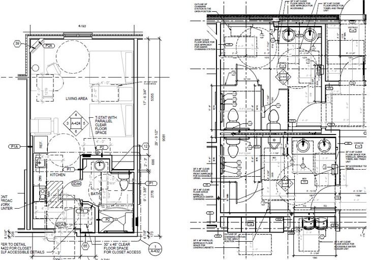 Photo shows a plan of a guestroom and restrooms